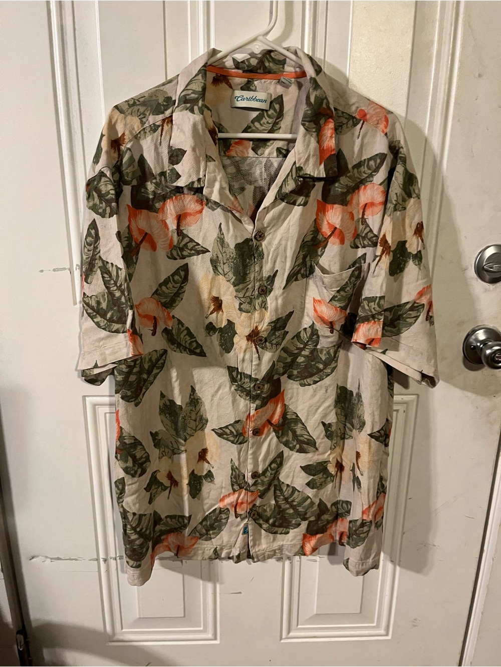 Caribbean Beige Floral Button-Down Shirt with Green Leaves and Orange Blooms